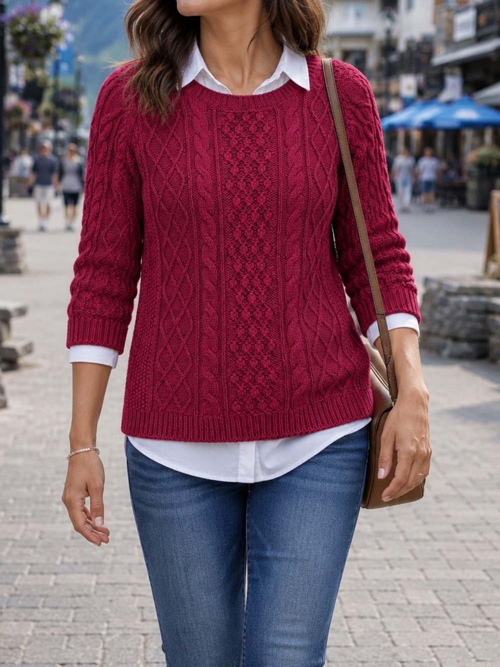 Talbots Women  Cable Knit Crewneck Sweater in Deep Burgundy Size MP
